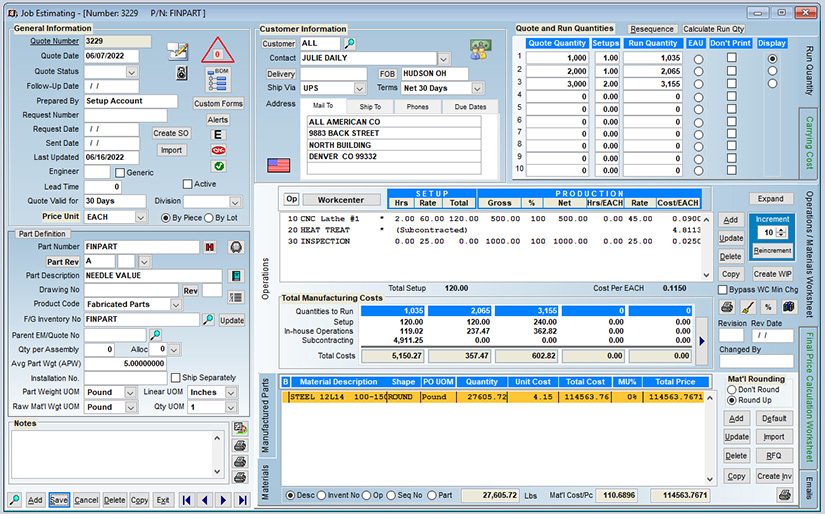 Job Estimating Screen